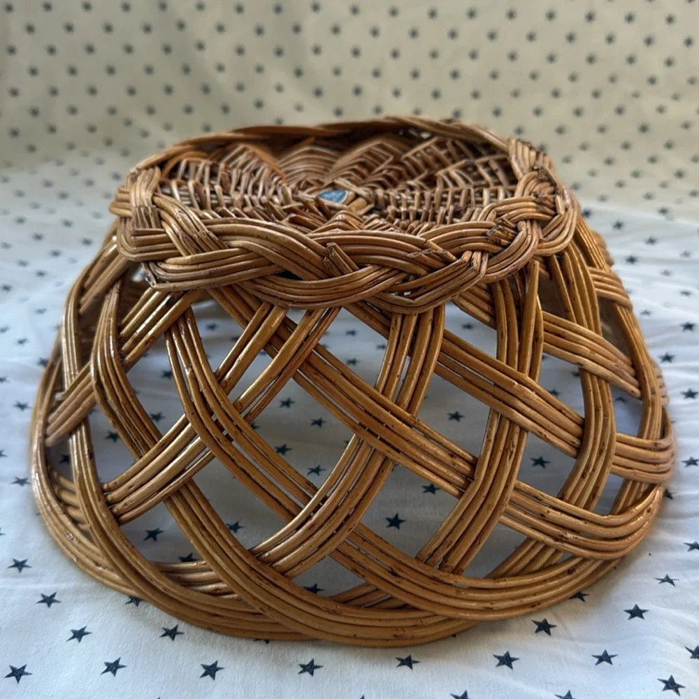 Vintage Yugoslavian Wicker 9.5” Rustic Rattan Round Hand Woven Fruit Basket
